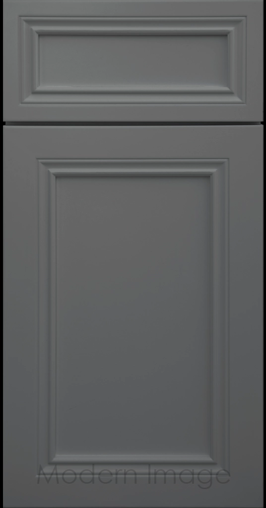 Close-up of Corona cabinets in Gun Metal with mitered molding and flat center panel.